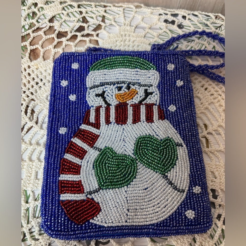 Festive Beaded Snowman Pouch Bag Purse